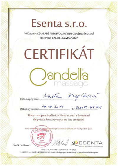 Certifikát Candella masáž