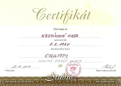 Certifikát Indická masáž hlavy CHAMPI