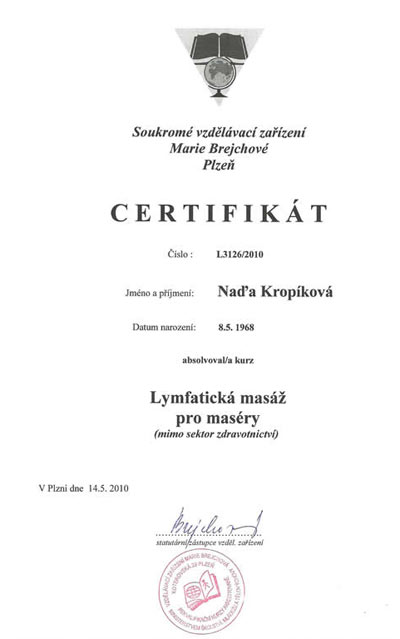 Certifikát Lymfatické masáže