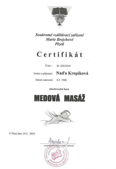 Certifikát Medová masáž