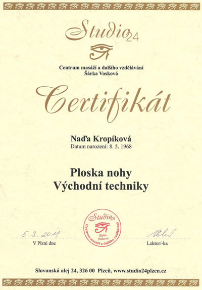 Certifikát Masáž plosky nohy Východní techniky