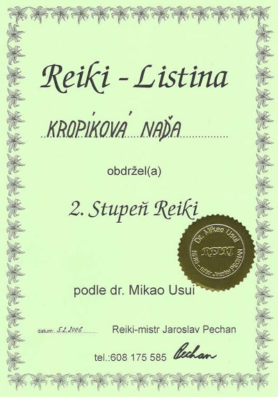 Certifikát 2. stupeň Reiki