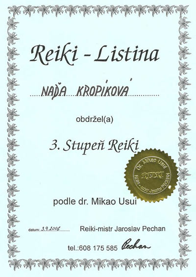 Certifikát 3. stupeň Reiki