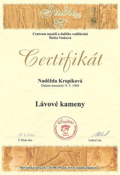 Certifikát Masáž lávovými kameny